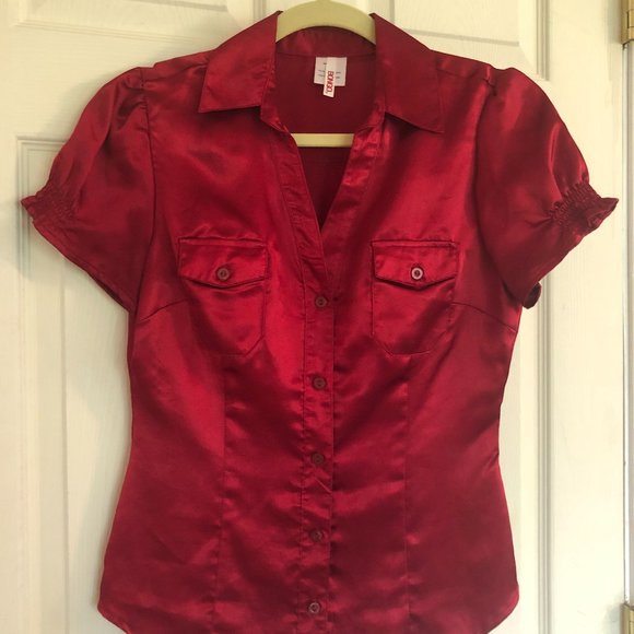 red satin blouse short sleeve